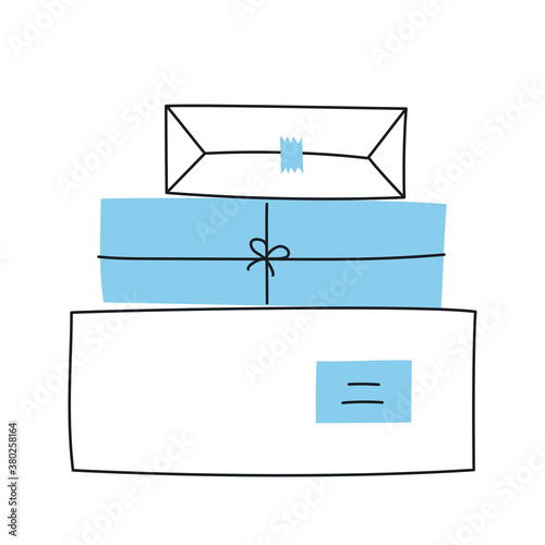 Presents, packages, parcels, or gifts.  Cute blue cartoon boxes illustration on white.