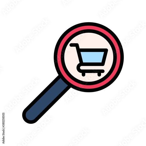 supper market or online shopping related magnifying glass with shopping trolly vector with editable stroke,