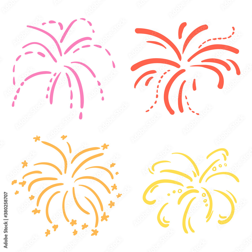 Explosion. Set of holiday fireworks on isolated white background. Colorful illustration