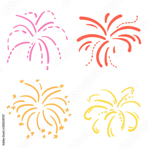 Explosion. Set of holiday fireworks on isolated white background. Colorful illustration