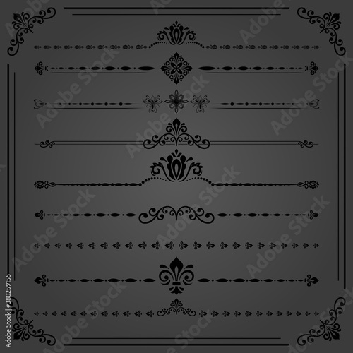 Vintage set of decorative elements. Horizontal separators in the frame. Collection of different ornaments. Classic dark patterns. Set of vintage patterns