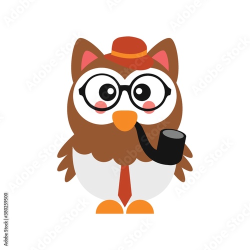 Cute owl with glasses and smoking pipe