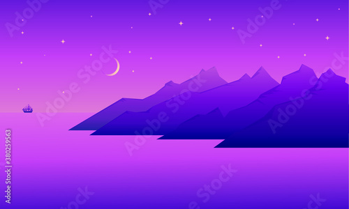 illustration of a landscape at night with sea and hills