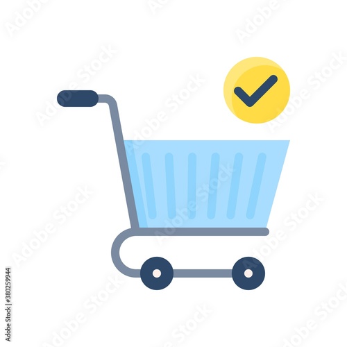 supper market or online shopping related shopping trolly with handle and tick mark vector in flat style,