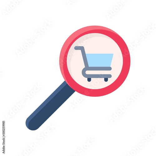 supper market or online shopping related magnifying glass with shopping trolly vector in flat style,