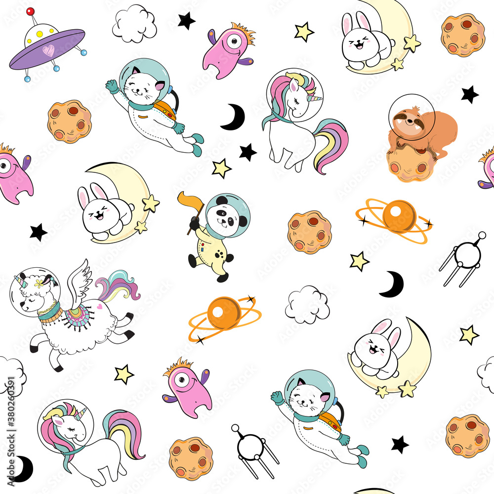 Cute animals in space on a white background seamless pattern. Llama, sloth, unicorn, bunny panda and space items for children