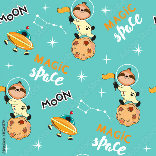 Cute sloth astronaut carries a flag and spaceship on a blue background seamless pattern