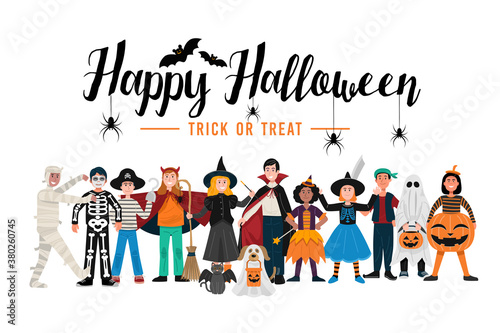 Halloween party background, Kids in Halloween costumes. Vector