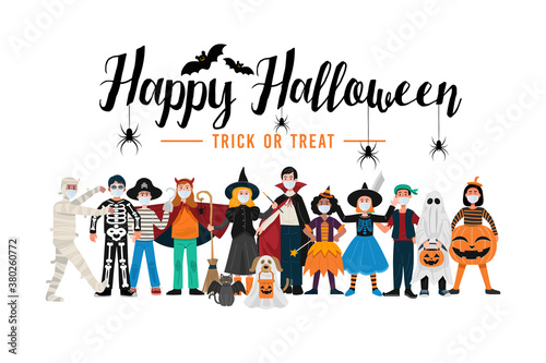 Halloween party background, Kids in Halloween costumes wearing face masks. Vector