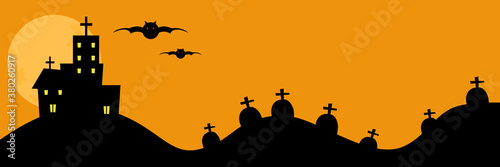 halloween banner, full moon, house and bats in the night with orange background, vector illustration