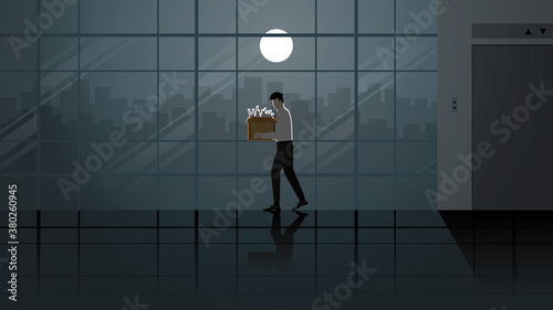 Layoff unemployed office people with his stuff box leaving from lift workplace. Alone in the dark and full moon light. Lonely people in city. Economics crisis business failure problem sadness scene.