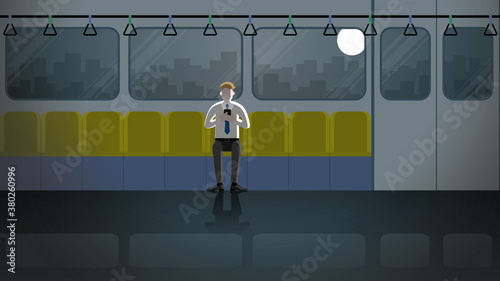 Office man use smart phone in public transportation. Alone in the dark and light from full moon. Lonely people in the city. Lifestyle of work overtime and overwork. Idea illustration concept scene.