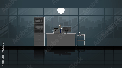Senior medical man intend working on desktop computer in doctor office workplace. Alone in dark and full moon light. Career lifestyle of work hard overtime overwork. Idea illustration concept scene.