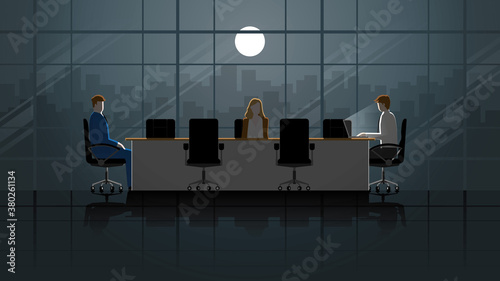 Business owner and employees meeting in office conference window room. Work in the dark and light from full moon. City lifestyle of work hard overtime and overwork. Idea illustration concept scene.