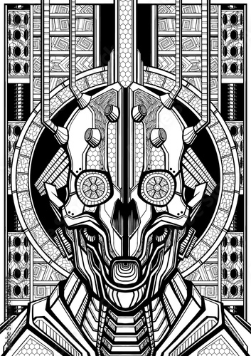 Mechanic character in armor, face of cyborg close-up, robot with head similar to skull with mechanisms and connected wires, with circle and shock absorbers, lattice and patterns on the background.