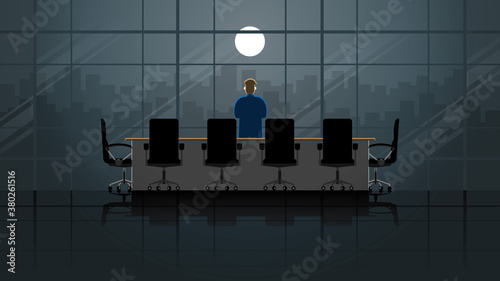 Vision concept. Businessman stand and thinking at the window of office building in meeting room at night. Alone in the dark and full moon light. Business lifestyle is work hard overtime and overwork.