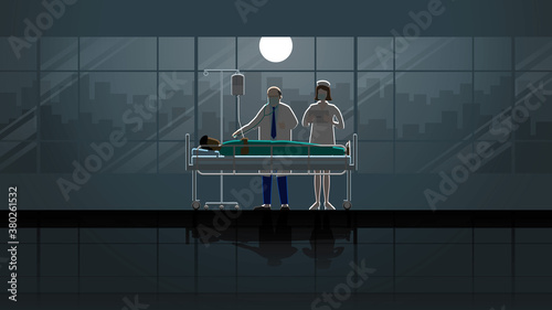 Senior doctor and nurse intend working check up sick patient sleep on bed in hospital. Night in dark and full moon light. Career lifestyle of work hard overtime overwork. Idea  medical concept scene.