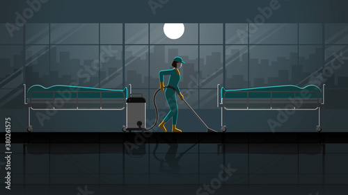 Scare concept of woman cleaning maid service working in morgue room hospital with corpse . Alone in dark and full moon light. Career lifestyle of work hard overtime overwork. Idea vector horror scene.