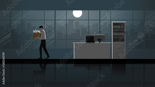 Layoff unemployed and fired business people leaving from his office desk workplace with his stuff box at night. Alone in dark and full moon light. Economics crisis failure problem sadness upset scene.