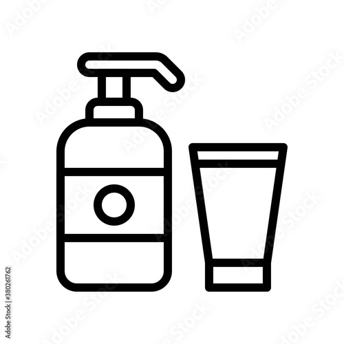 supper market or online shopping related sanitizer bottle with glass vector in lineal style,