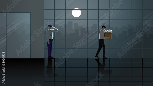 Layoff unemployed and fired business people leaving from his office building with his stuff box at night in dark and full moon light. Goodbye salute security officer. Economics crisis sadness scene.