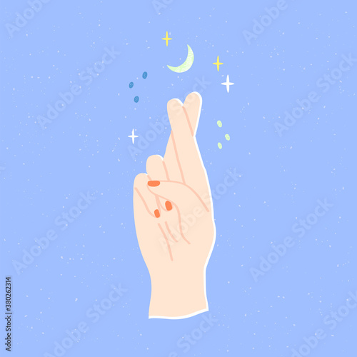 Magic female hand with crossed fingers. Stars, spots and moon. Woman's manicure. Cartoon style. Abstract hand drawn colorful trendy vector illustration. Print idea. Fit for social media or bloggers.