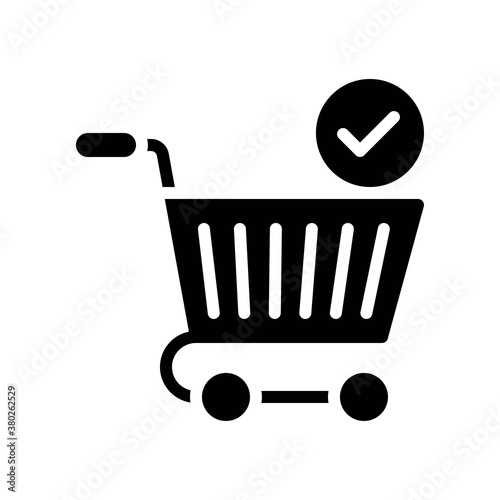 supper market or online shopping related shopping trolly with handle and tick mark vector in solid design,