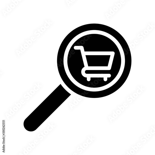 supper market or online shopping related magnifying glass with shopping trolly vector in solid design,