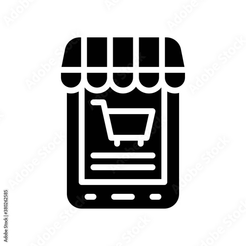 supper market or online shopping related mobile shop with shopping trolly vector in solid design,