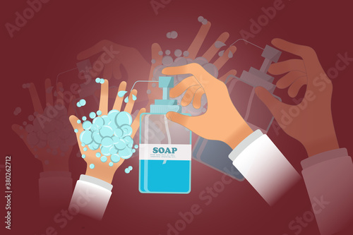 Hand wash. Hand sanitizer. Alcohol-based hand rub. Rubbing alcohol. human hands applying antibacterial spray disinfection against virus bacteria stop coronavirus pandemic quarantine