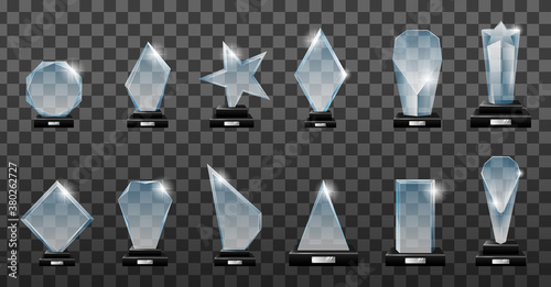 Glass awards. Realistic transparent winner trophy, acrylic stars cups and competition prizes. Realistic crystal and glass sports trophies, memorial and recognition gifts.