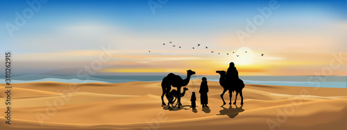 Vector illustration Arab family with camel walking in desert sands with sunset in evening,Panoramic Landscape Scenery of sun over mountains during twilight in orange color above desert and sand dunes.