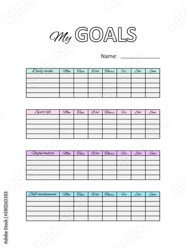Template planner list with own goals. Printable Notepad. Areas of life. Vector