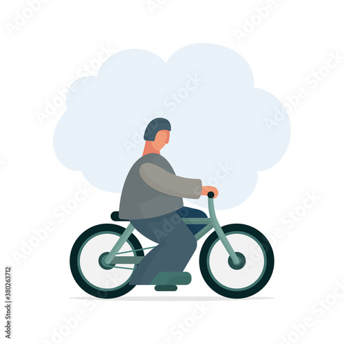 Cartoon style male character riding bike. Part of set.