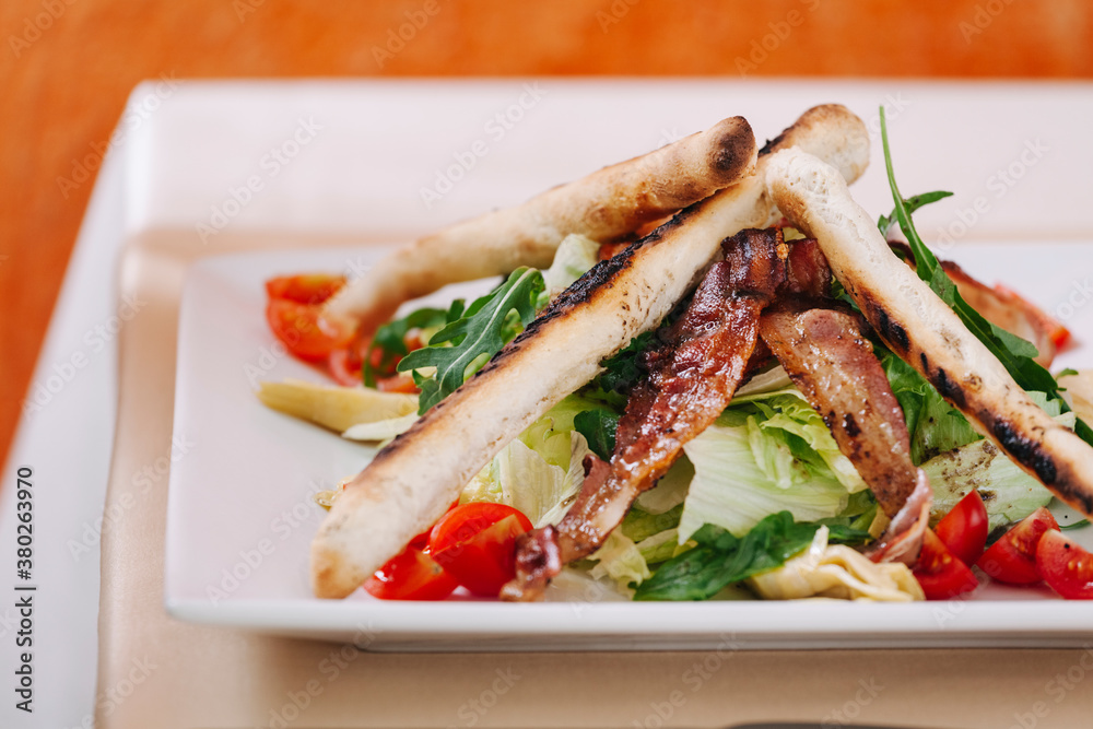 Salad with Bacon Cherry Tomatoes and Breadsticks Salad with Bacon Cherry Tomatoes and Breadsticks