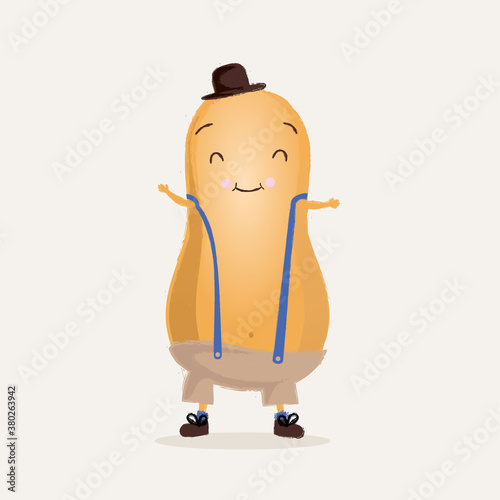 Mascot peanut in clothes. Cartoon funny style character mister