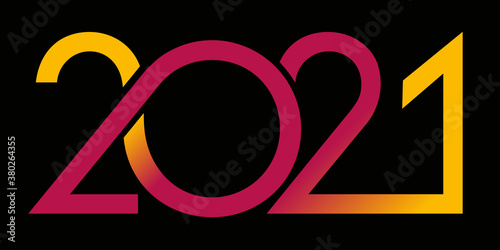 Carte de vœux au graphisme dynamique pour présenter l’année 2021 avec une succession de courbes de couleur rouge et jaune sur un fond noir.