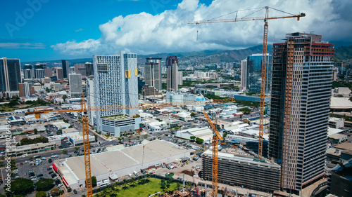 Aerial Luxury apartments by the sea under construction , Ward Centre / Ward Village.  Kakaako Honolulu, Oahu, Hawaii. 