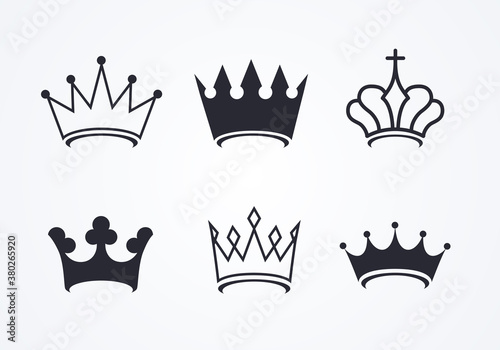 Vector Illustration Crown Icon Set. Collection Of Different Minimal Crowns.