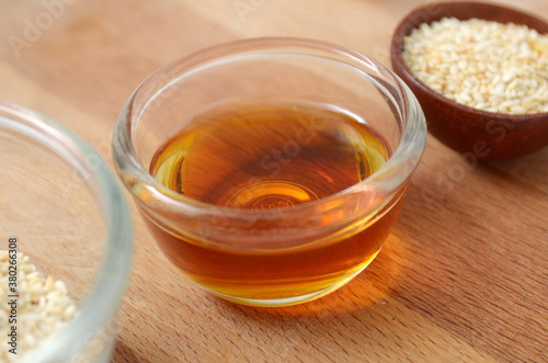 Cooking ingredient, Sesame oil in a glass bowl
