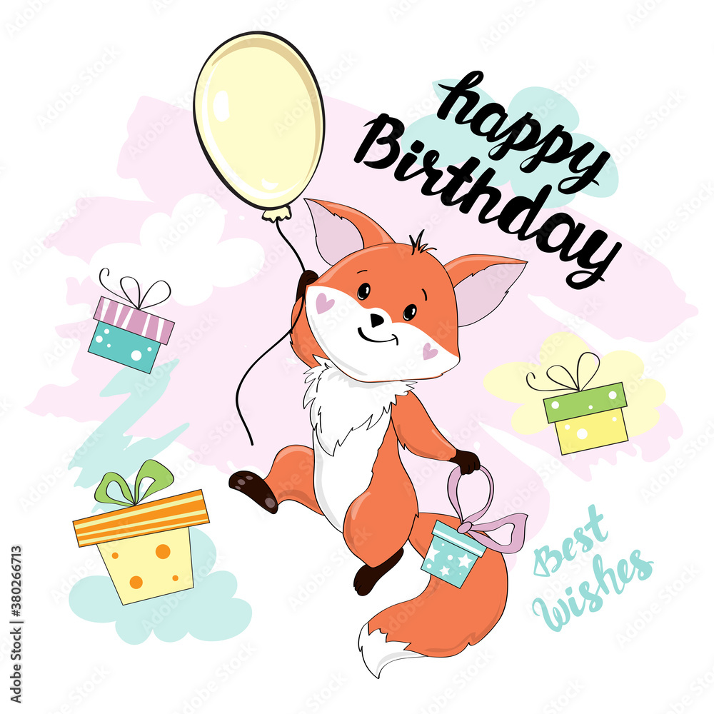 Beautiful fox in a balloon and inscription happy birthday