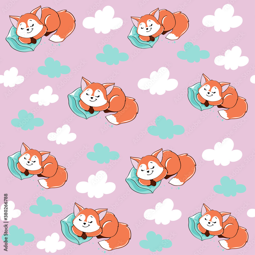 Obraz premium Cute fox is sleeping and clouds on pink background seamless pattern