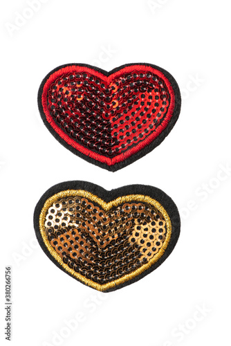 Set of sequin hearts patches isolated on white background