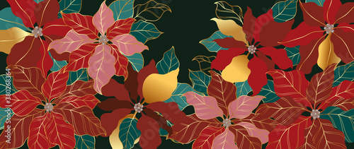 Christmas and new year background vector. Luxury Gold winter exotic botanical background with poinsettia flower design for textiles, wall art, fabric, wedding invitation, wallpaper and cover design. photo