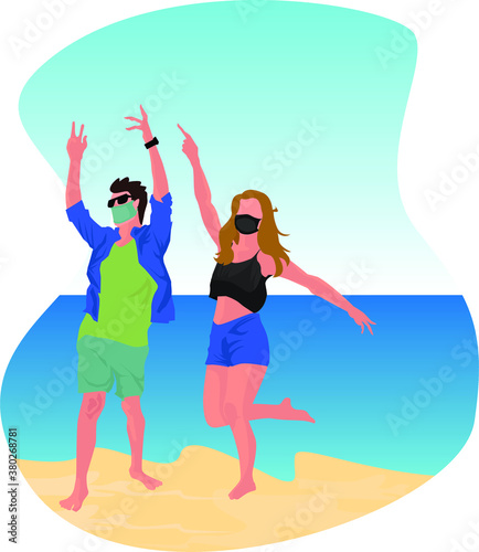 Masked couple enjoying their holiday at the beach toghether