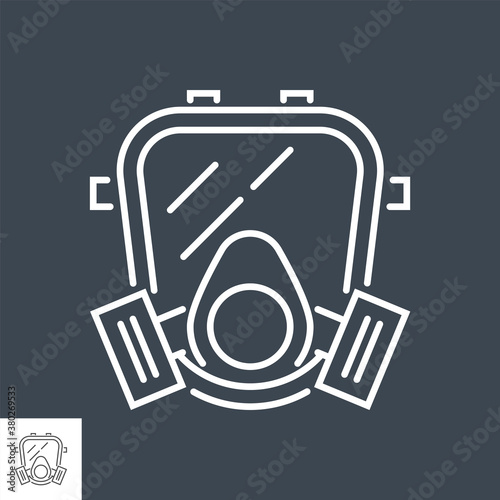 Gas mask related vector thin line icon. Isolated on black background. Editable stroke. Vector illustration.