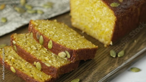 Wallpaper Mural Gluten Free Pumpkin bread loaf set on white cafe table. Torontodigital.ca