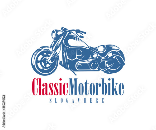 Motorcycle monochrome emblems, logo and motorbike badges with descriptions of custom bikes, classic garage. vector illustration