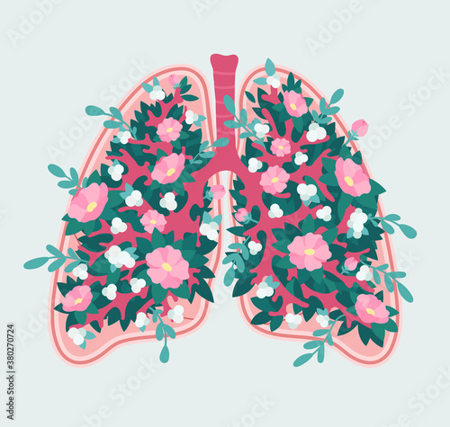 Healthy lungs concept. Bronchus, alveolus and lungs in flowers. Floral Scheme of Anatomy. Elegant diagram of respiratory system. Patient-friendly infographics. Suitable for kids