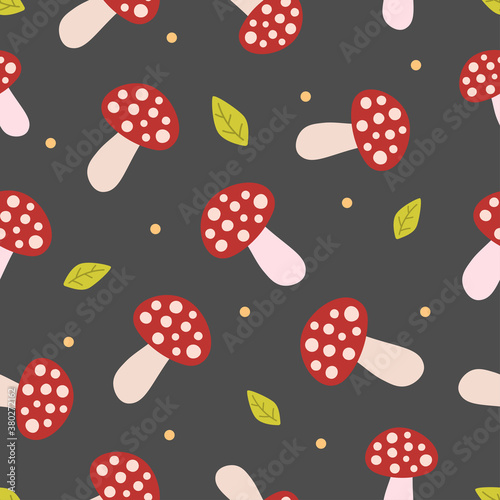 Doodle red mushrooms, yellow dots and green leaf on gray background. Seamless autumn food pattern. Suitable for packaging, textile, wallpaper.
